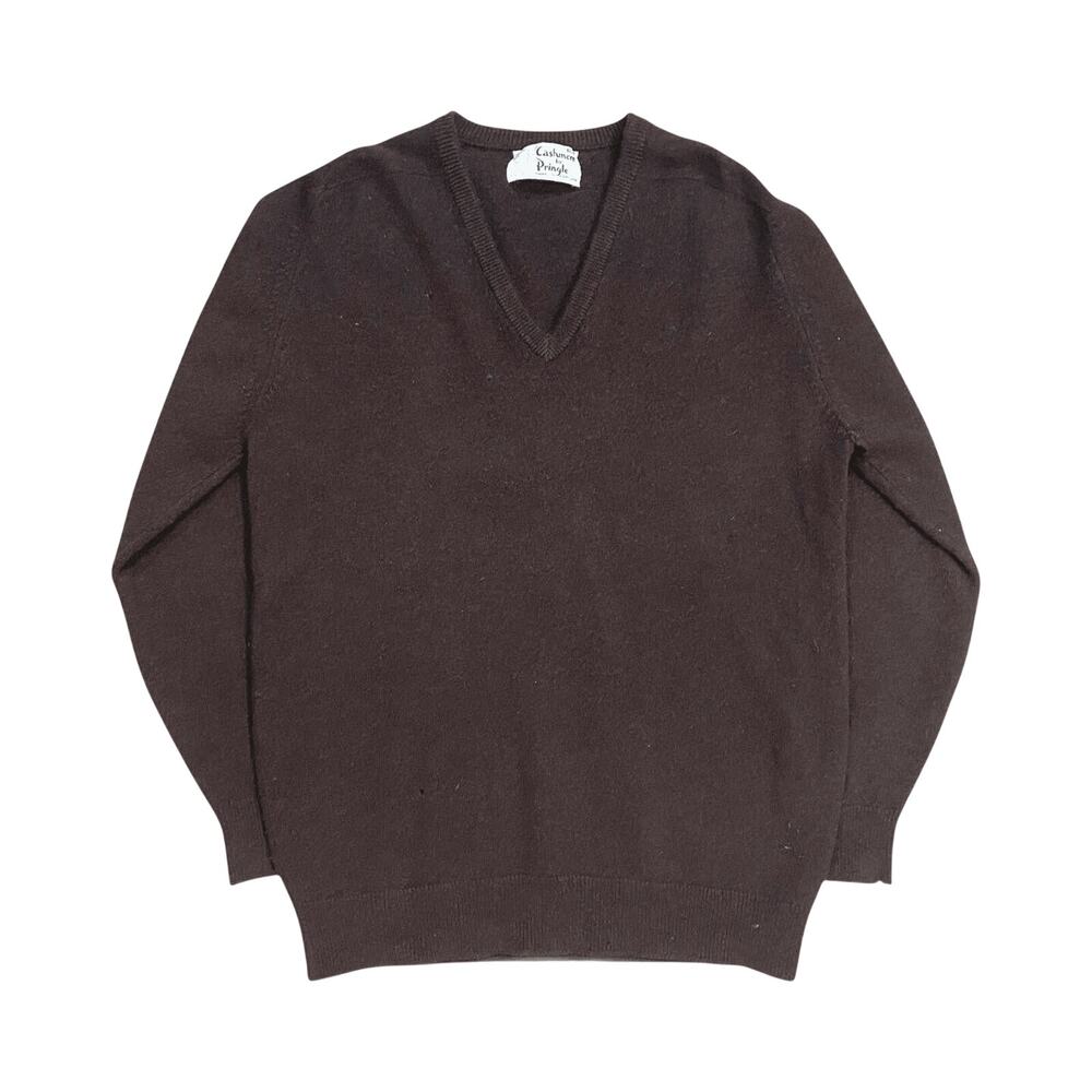 Pringle True Vintage 1980s Made in Scotland Cashmere V Neck Sweater Brown M